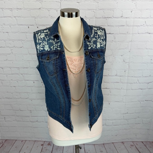 Ruff Hewn Jackets & Blazers - Ruff Hewn Blue Denim Vest with White Floral Accents